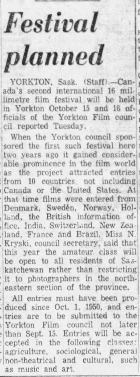 Festival planned. 3 April 1952. The Leader Post. P. 2 - 