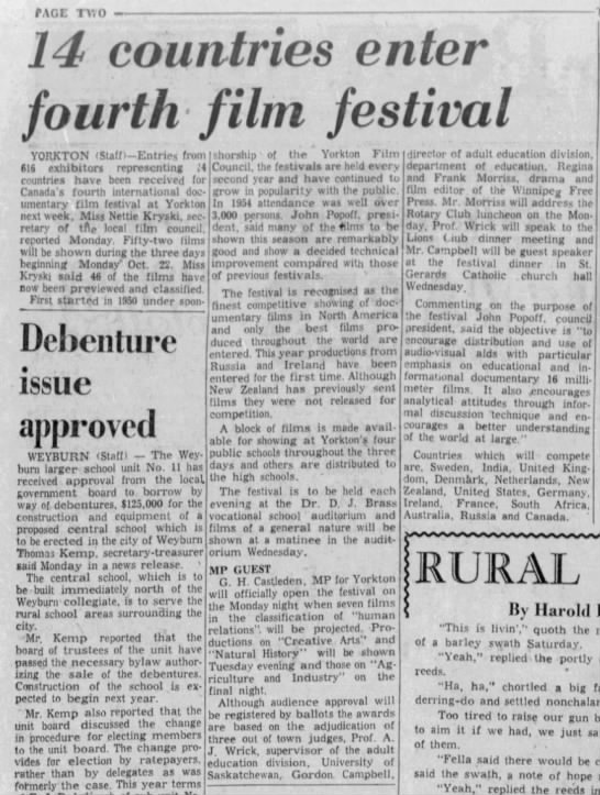14 countries enter fourth film festival, 16 Oct 1956, The Leader-Post. - 