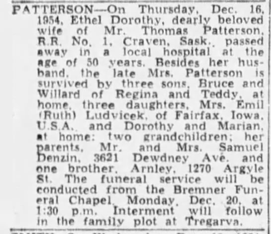 Obituary: Ethel Dorothy Patterson nee Denzin - 