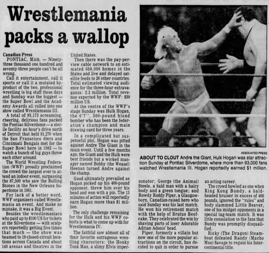 WrestleMania packs a wallop (Canadian Press via Vancouver Sun 3/30/1987) - 