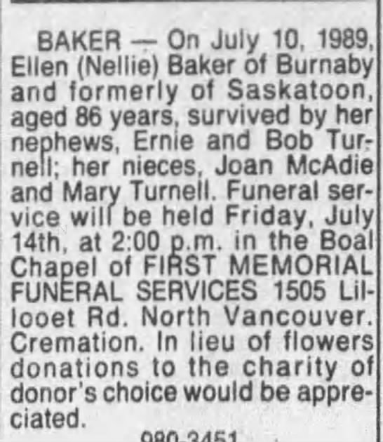 Obituary: Ellen (Nellie) Baker (Aged 86) - 