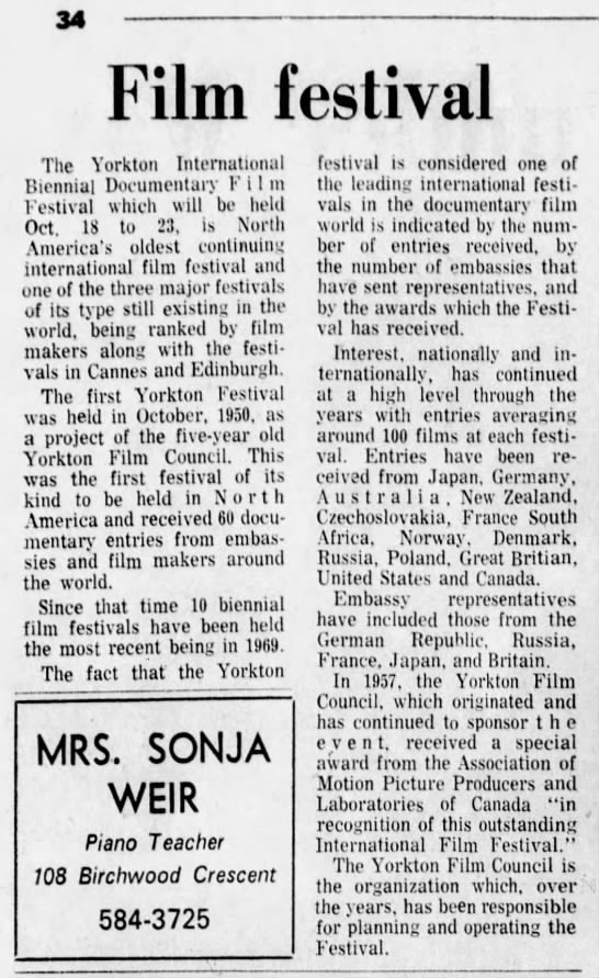 Film festival.  29 Aug 1971. The Leader-Post. P. 34. - 