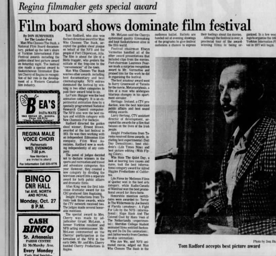 Humphries, Don. Film board shows dominate film festival. The Leader-Post. 27 Oct 1975. P 7. - 