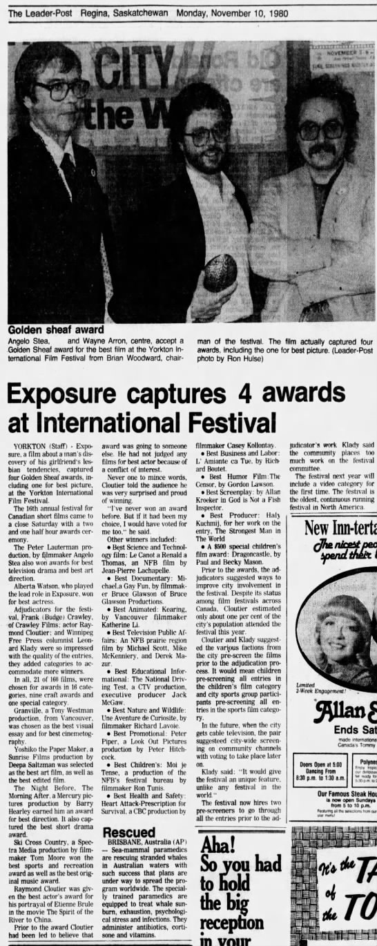 Exposure captures 4 awards at International Festival 10 Nov 1980 The Leader-Post P. 11 - 