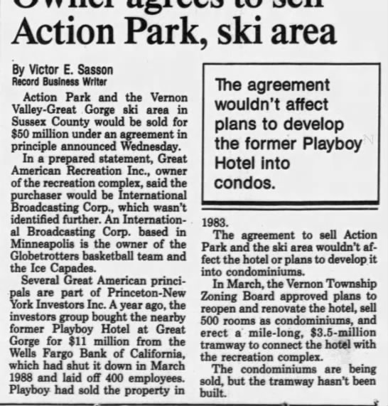 OWNER AGREES TO SELL ACTION PARK, SKI AREA - 