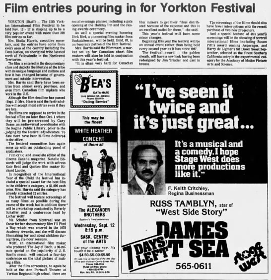 Film entries pouring in for Yorkton Festival. 7 Sep 1979. The Leader-Post. P. 13. - 