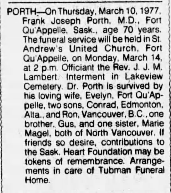 Obituary: Frank Joseph Porth - 