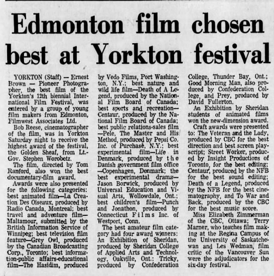 Edmonton film chosen best at Yorkton festival. The Leader-Post. 22 Oct 1973. P 2. - 