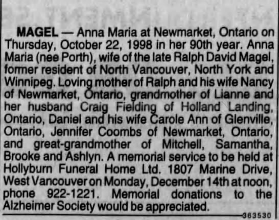 Obituary: Anna Maria Magel née Porth - 