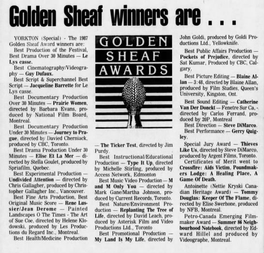 Golden Sheaf winners are... 25 May 1987 The Leader-Post. P. 18 - 