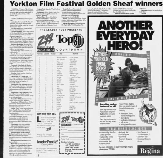 Yorkton Film Festival Golden Sheaf winners. 29 May 1995. The Leader-Post. P. 24 - 