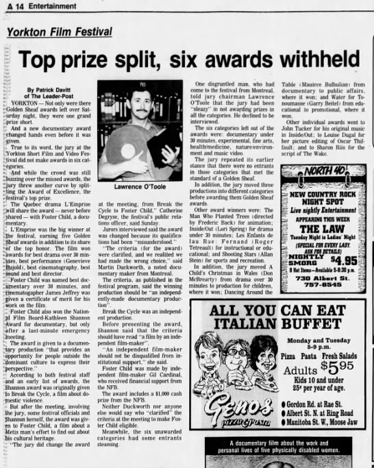 Davitt, Patrick Top prize split, six awards withheld 30 May 1988 The Leader-Post P. 14 - 