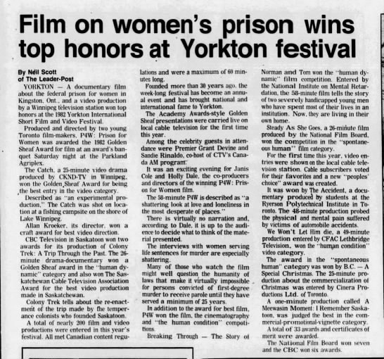 Scott, Neil, Film on women’s prison wins top honors at Yorkton festival 8 Nov 1982 The Leader Post P - 