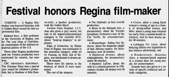 Festival honors Regina film-maker. The Leader-Post. 5 June 1989. P. 24 - 