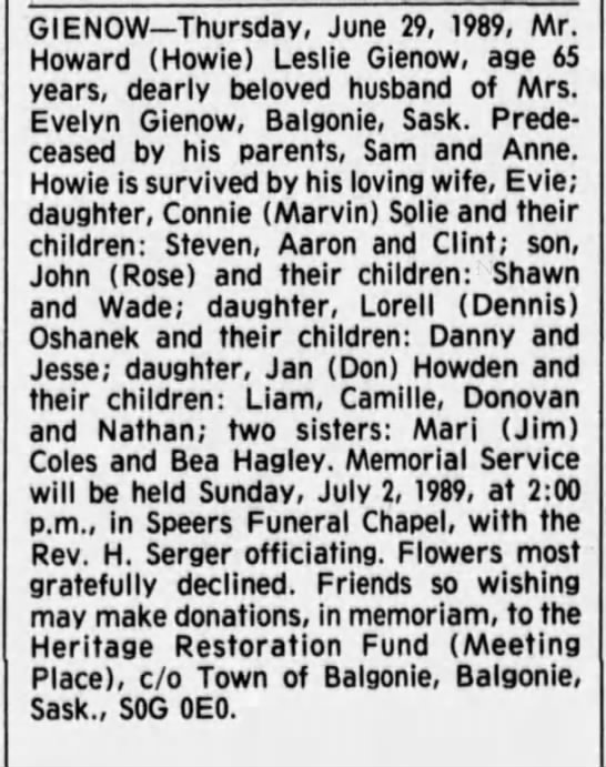 Obituary: Howard Leslie Gienow - 
