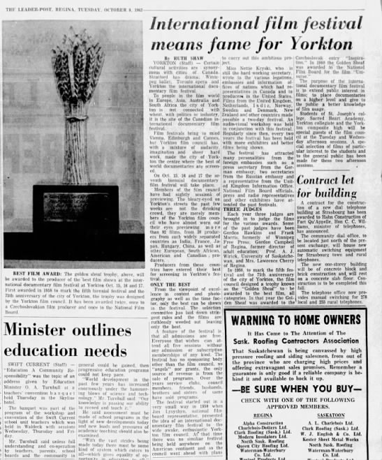 International film festival means fame for Yorkton by Ruth Shaw - The Leader-Post 9-Oct-62 - 