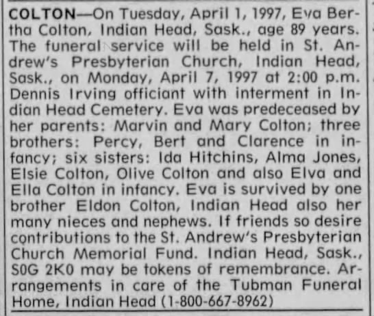 Obituary: Eva Bertha Colton - 