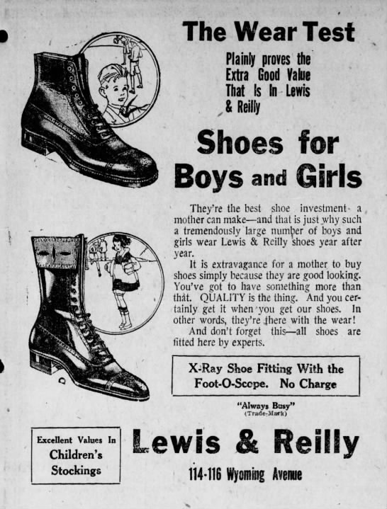 X-ray shoe fitting with foot-o-scope (1922) - 