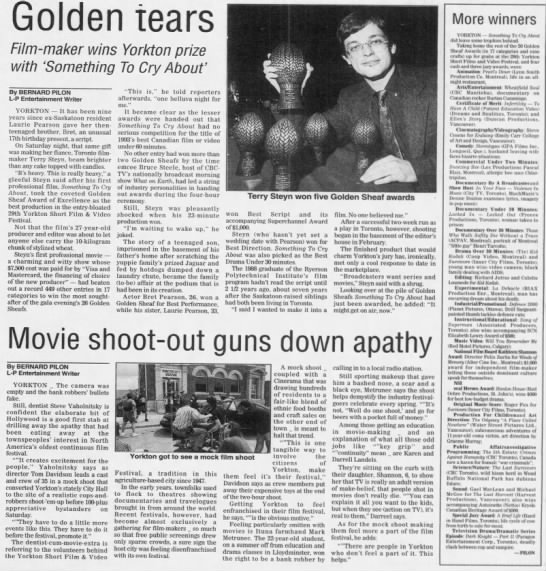 Pilon, Bernard. Golden tears Film-maker wins Yorkton Prize with Something to Cry About 31 May 1993 T - 