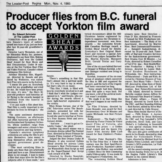 Schroeter, Edward. Producer flies from B.C. funeral to accept Yorkton film award. 4 November 1985. T - 