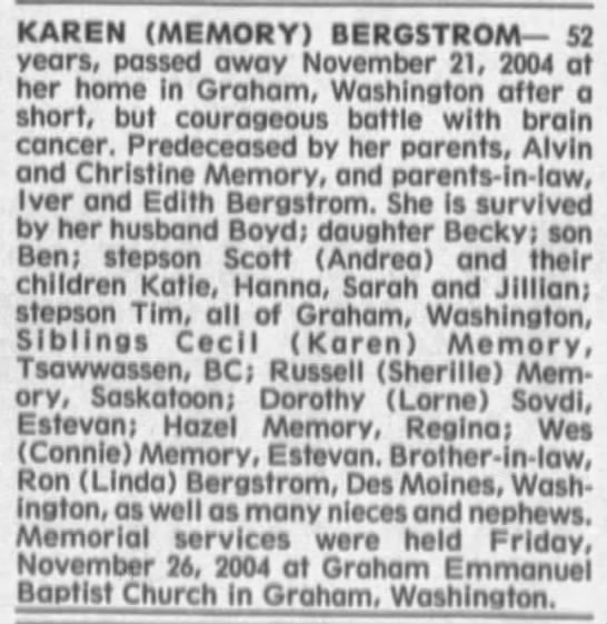 Obituary: Karen BERGSTROM nee Memory (Aged 52) - 