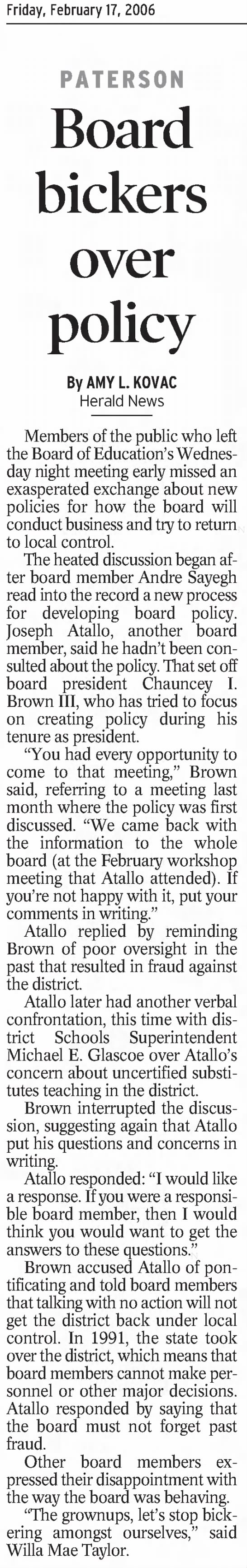 February 17, 2006-Board of Education President Chauncey I. Brown III. Policy & Governance Priority - 
