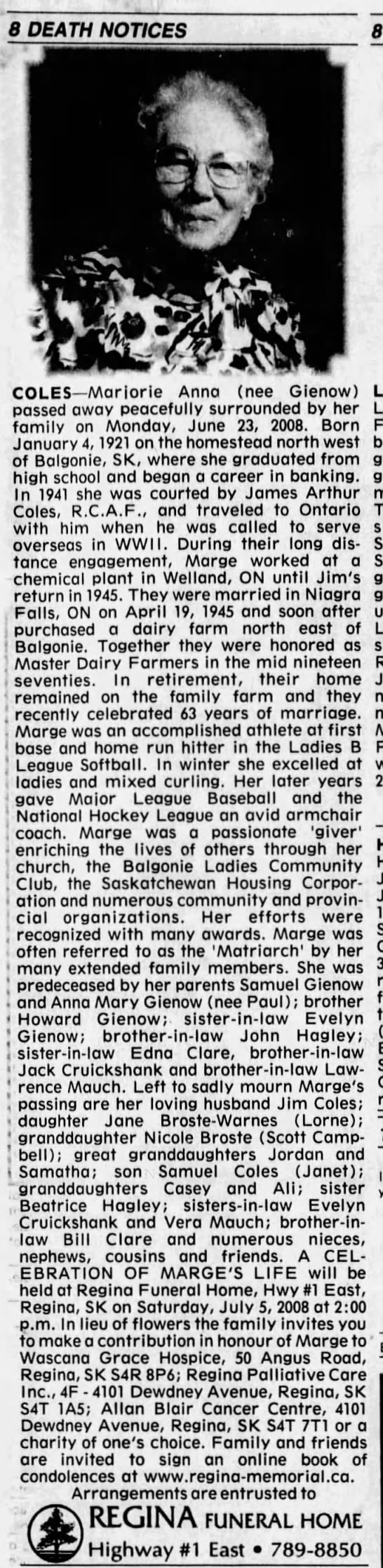 Obituary: Marjorie Anna Coles née Gienow - 