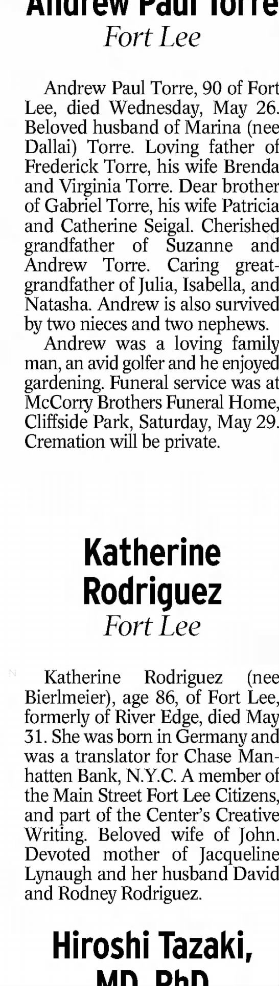 Obituary for Fort Lee Torre (Aged 86) 