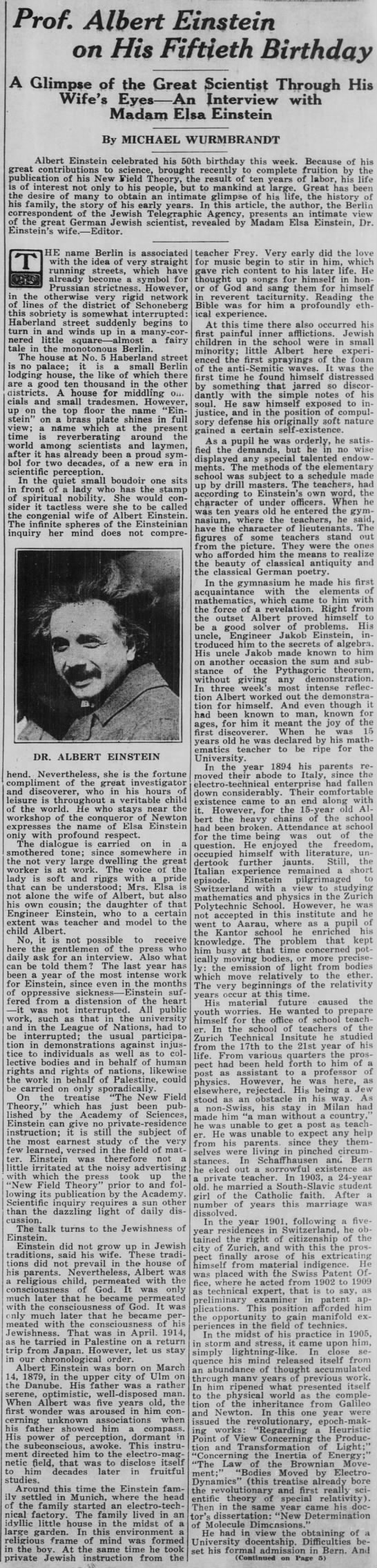 Excerpt of Madam Elsa Einstein’s interview on her husband, Albert Einstein, for his 50th birthday - 