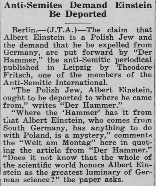 Newspaper demands Albert Einstein be deported from Germany - 