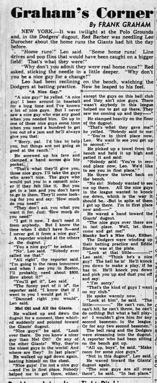 "Nice guys finish last" article by Frank Graham of the New York Journal-American (1946). - 