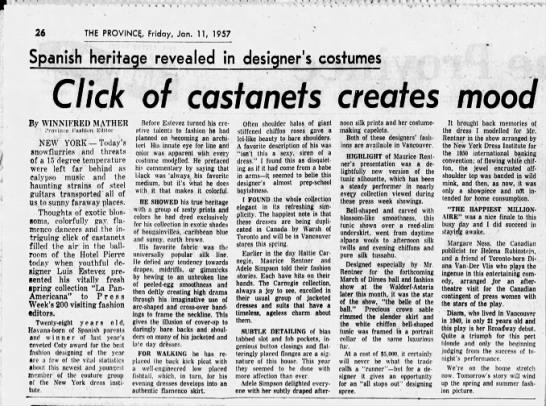 "Click of castanets creates mood", The Province (Vancouver, BC), 11 January 1957, pg 26. - 