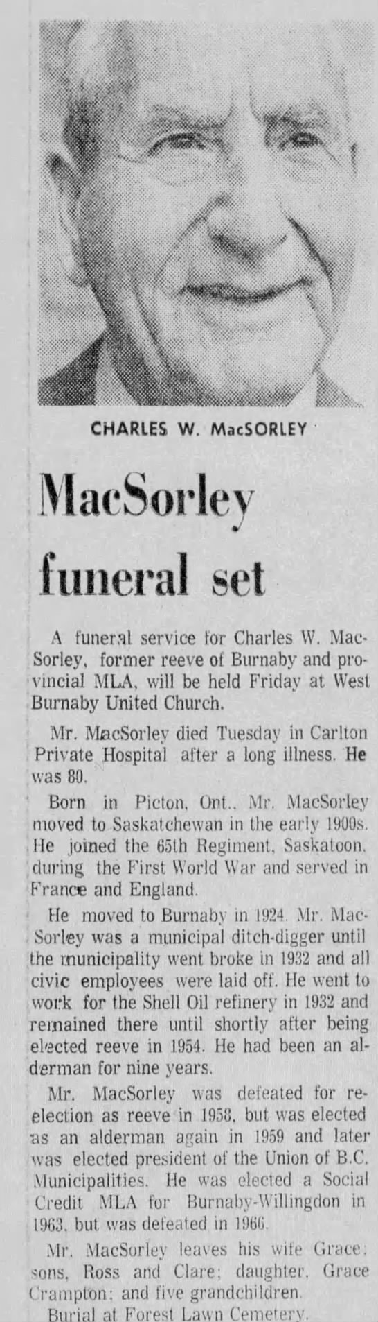 Obituary: CHARLES W. MacSORLEY (Aged 80) - 