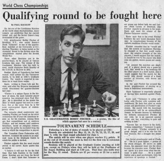 World Chess Championships - Qualifying Round To Be Fought Here by Paul Raugust - 