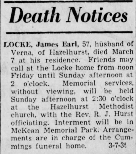 James Earl Locke Death Notice
