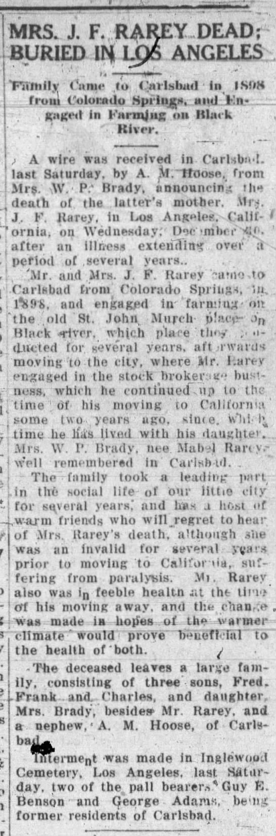 Mrs. J. F. Rarey Dead; Buried in Los Angeles - 