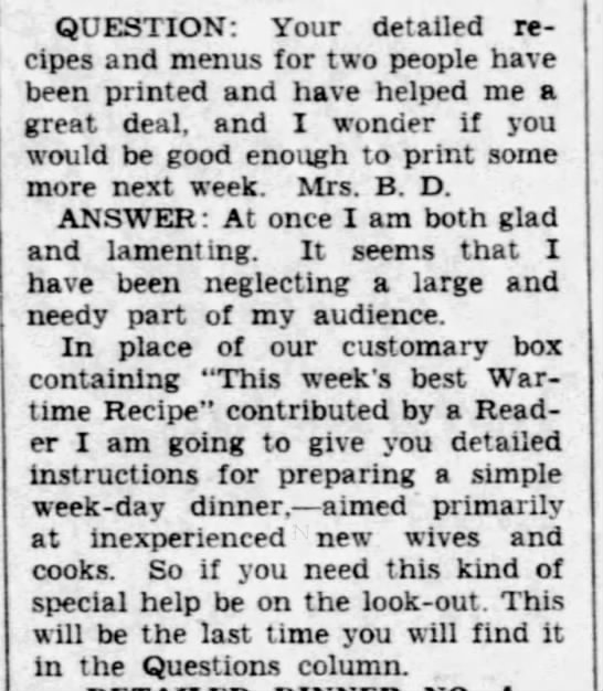 Mary Moore replaces wartime recipes with new feature about dinner preparation - 
