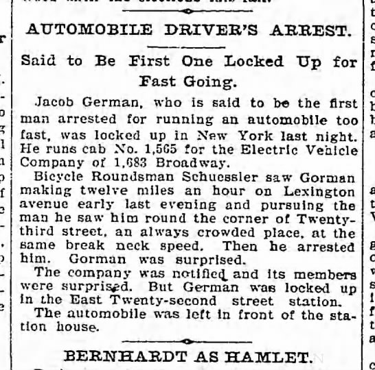 Jacob German, 1st Speeding Ticket 5/21/1899 Clocked at 12 MPH Jailed at East 22nd Street Station - 