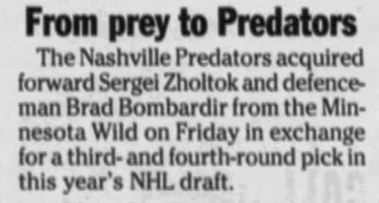 Brad Bombardir traded to Predators - 