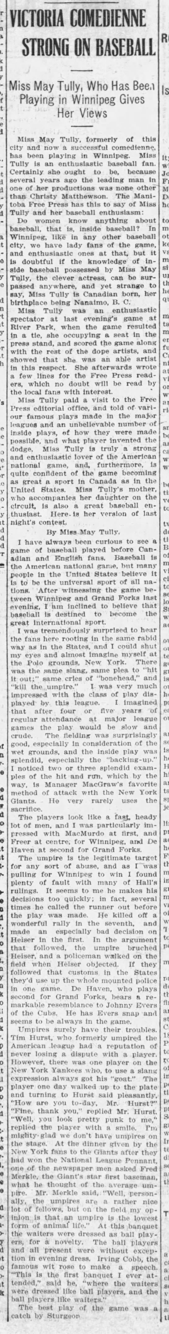 May Tully on Baseball 1912 - 