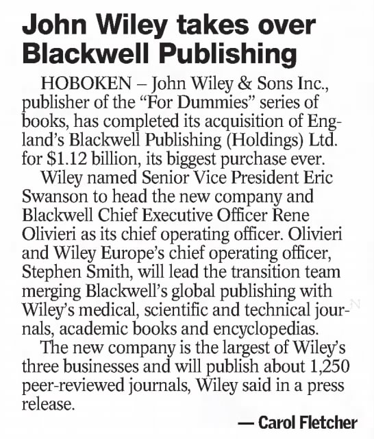 john wiley takes over blackwell publishing - 
