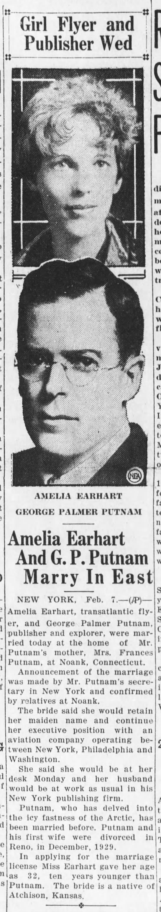 Amelia Earhart marries G.P. Putnam - 