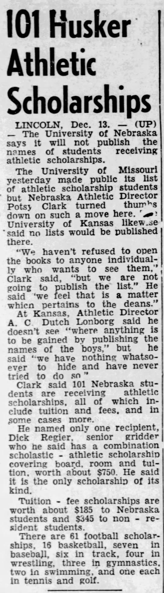1951 Nebraska athletic scholarships - 