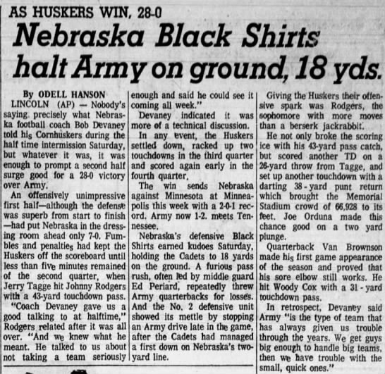 1970 Nebraska-Army football, AP - 