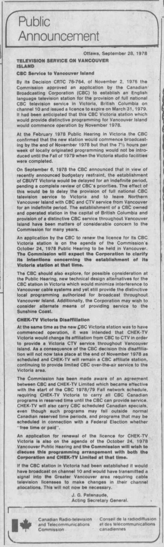 Public Announcement: Television Service on Vancouver Island - 