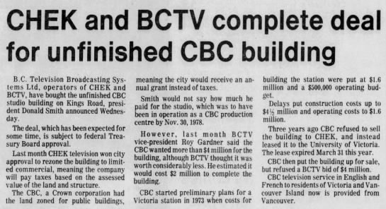 CHEK and BCTV complete deal for unfinished CBC building - 