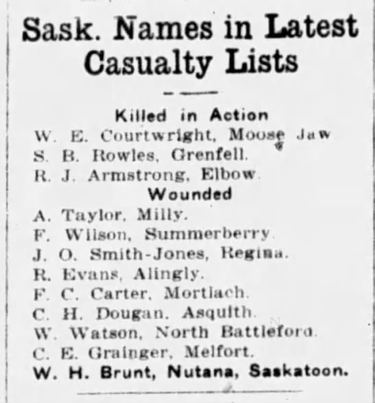 CEF Casualties from Saskatchewan - May 1917 - 