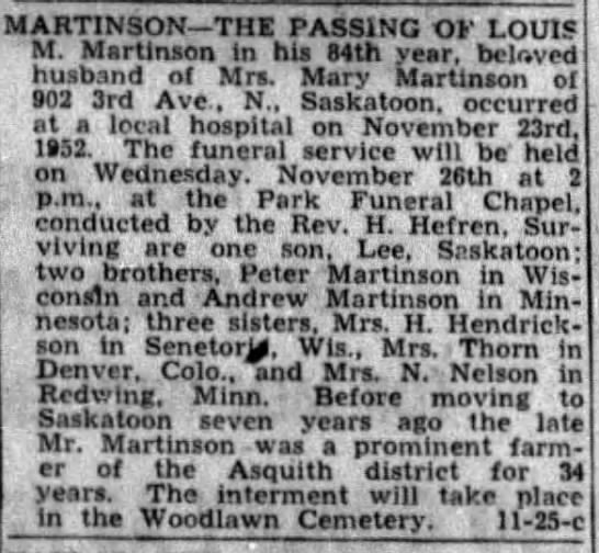 Obituary: LOUIS M. MARTINSON (Aged 83) - 