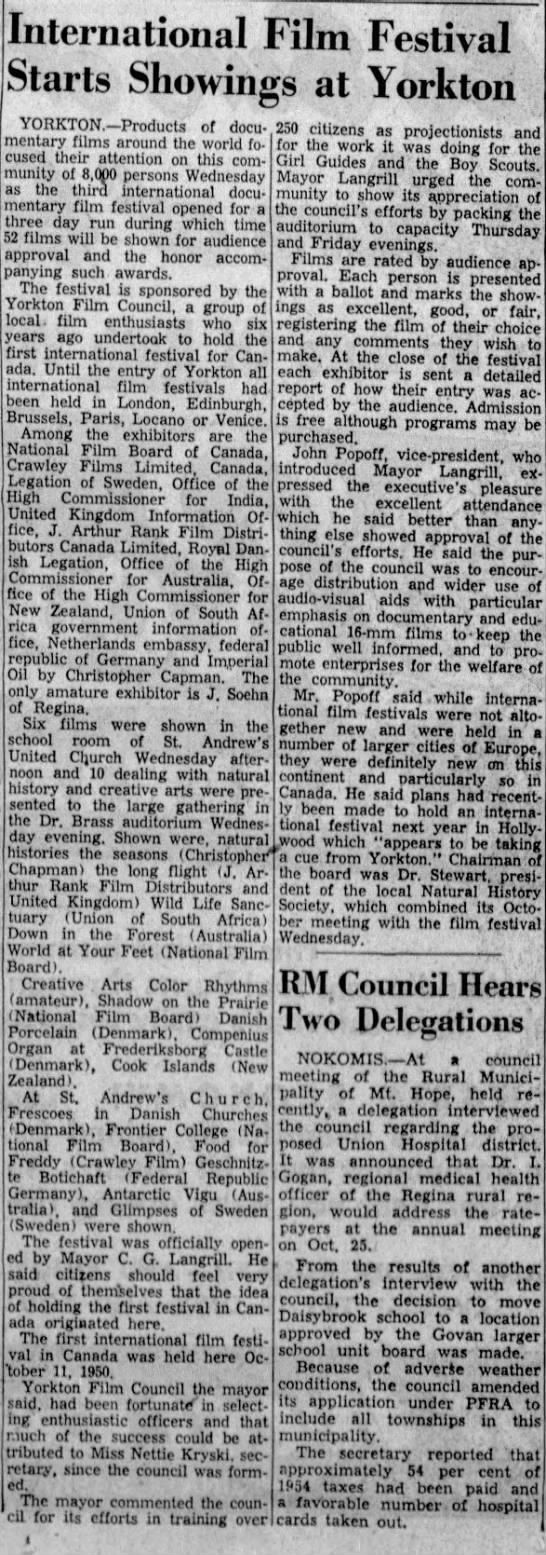 International Film Festival Starts Showings at Yorkton. 22 October 1954. Star-Phoenix. P. 24. - 