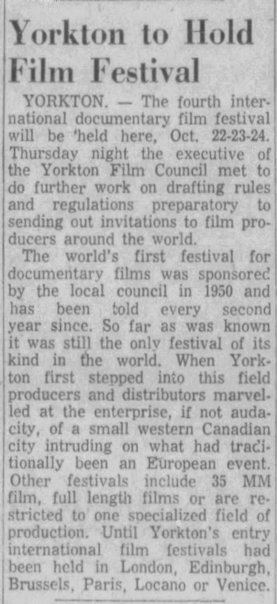 Yorkton to Hold Film Festival. 17 April 1956. Star-Phoenix. P. 22 - 